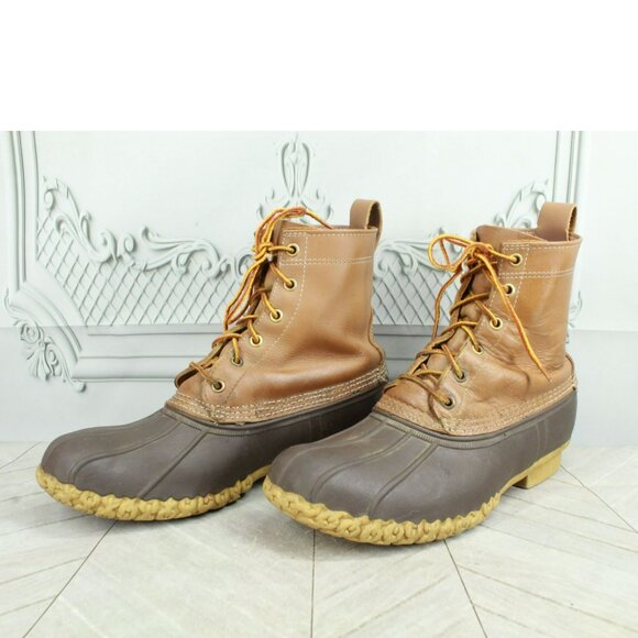 LL Bean Brown Leather Lace Up Round Toe Unlined Ankle Duck Boots Size 9 M - Picture 9 of 9